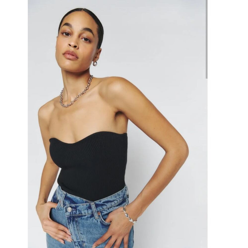 Reformation Jenni Strapless Sweater Top XS Sweetheart Rib Knit Cotton Black Sexy